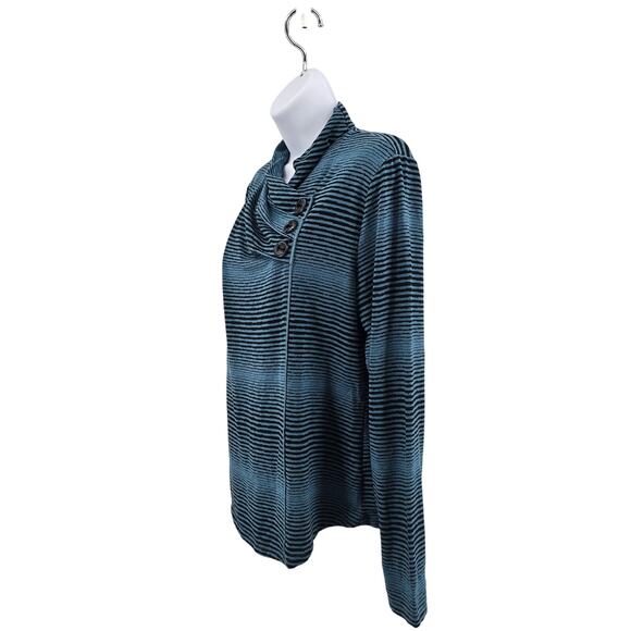 Habitat Teal Black Striped Button Cowl Neck Stretch Top Womens Small Long Sleeve - Picture 3 of 9